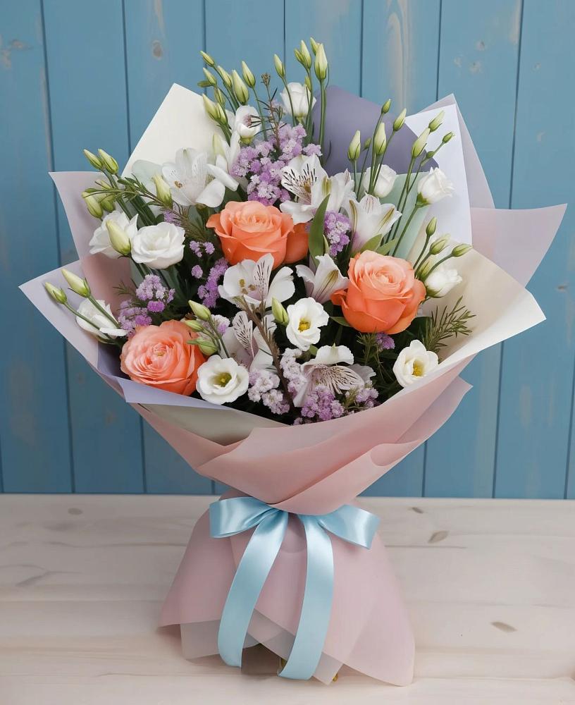 Букет цветов из: Лизиантусы, Розы, Альстромерии и Гипсофила в Красном Воронежской области