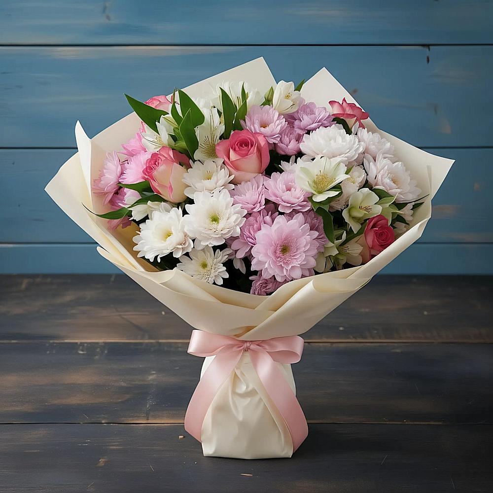 Букет цветов из: Хризантемы, Альстромерии и Розы в Красном Воронежской области